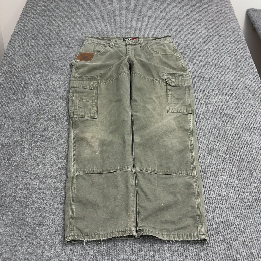 Wrangler Riggs Workwear Pants Mens 34x30 Green Cotton Flannel Lined Cargo Work